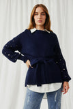 H5594 Midnight Womens Pearl Knit Tie-Front Sweater Front