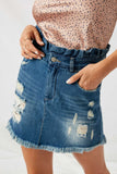 H5728 Mid Denim Distressed Denim Paperbag Mini Skirt Front