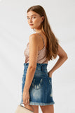 H5728 Mid Denim Distressed Denim Paperbag Mini Skirt Back