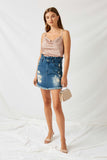 H5728 Mid Denim Distressed Denim Paperbag Mini Skirt Full Body
