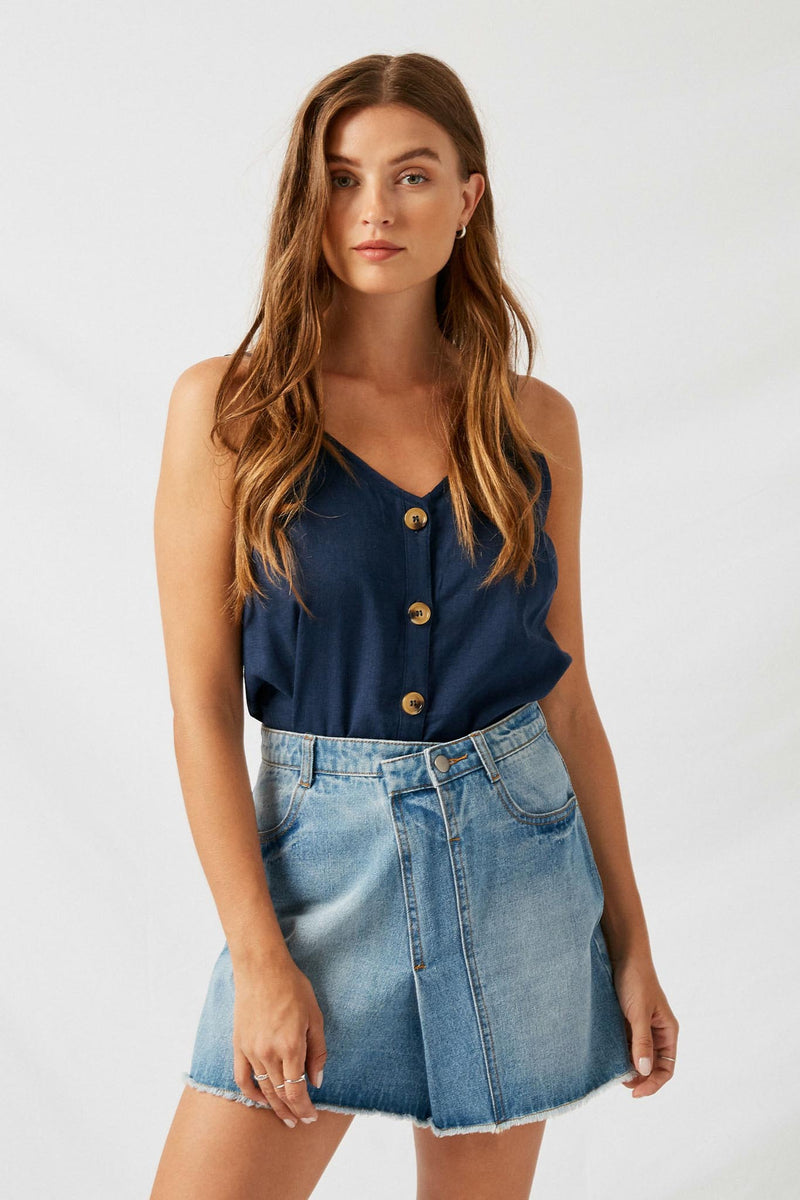 H6374 Mid Denim Wrap-Over Denim Mini Skirt Front