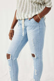 H6423 Womens Distressed Drawstring Denim Jeans Detail