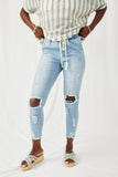 H6423 Womens Distressed Drawstring Denim Jeans Front 2