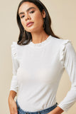 H6452 Off White Womens Ribbed Ruffle Mock Neck Top Front