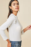 H6452 Off White Womens Ribbed Ruffle Mock Neck Top Side