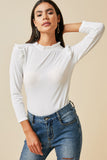 H6452 Off White Womens Ribbed Ruffle Mock Neck Top Pose