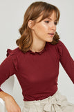 H6452 Wine Womens Ribbed Ruffle Mock Neck Top Close Up