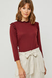 H6452 Wine Womens Ribbed Ruffle Mock Neck Top Front