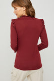 H6452 Wine Womens Ribbed Ruffle Mock Neck Top Back