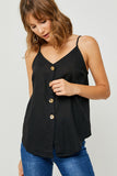 H6541 Black Linen Sleeveless Button-Down Tank Front