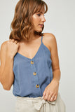 H6541 Blue Linen Sleeveless Button-Down Tank Front