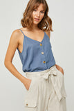 H6541 Blue Linen Sleeveless Button-Down Tank Alternate Front