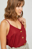 H6541 Burgundy Linen Sleeveless Button-Down Tank Close Up