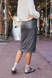 H6645 Gun Metal Womens Metallic Sequin Midi Pencil Skirt Back