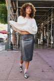 H6645 Gun Metal Womens Metallic Sequin Midi Pencil Skirt Pose