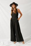 H6714 Black Tie-Back Palazzo Jumpsuit Front