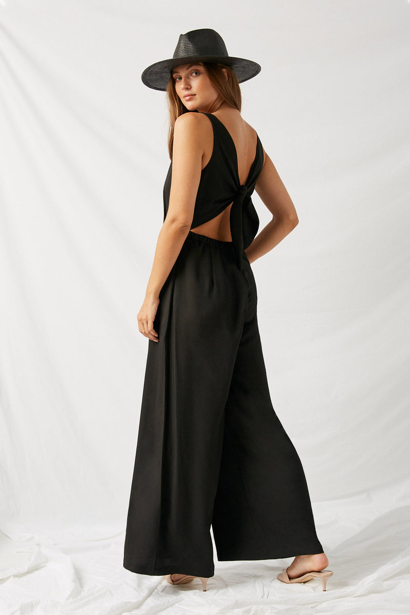 H6714 Black Tie-Back Palazzo Jumpsuit Back