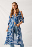 H6769 Denim Blue Striped High-Low Puff Sleeve Top Front