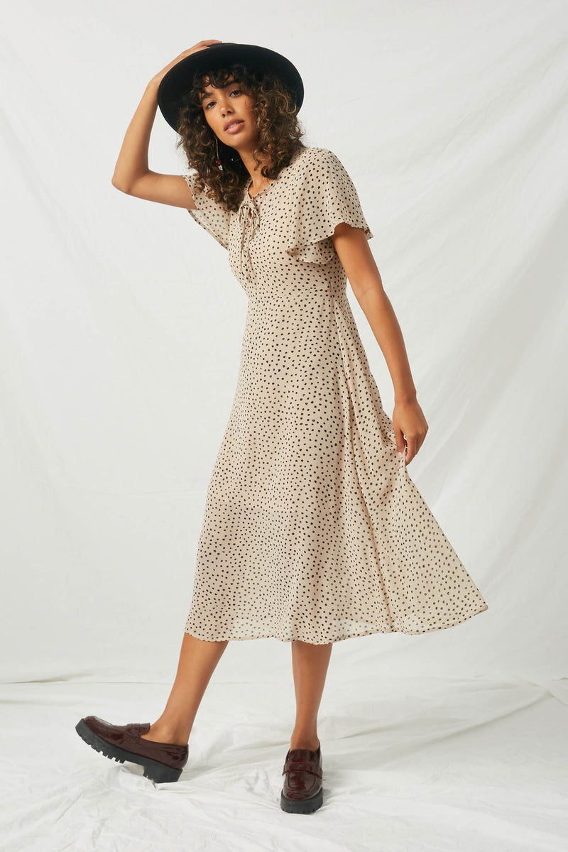 H6853 Tan Womens Dotted Midi Swing Dress Pose
