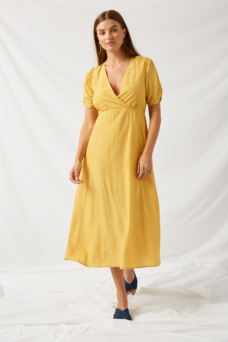 H7053 Yellow Empire Midi Dress Front