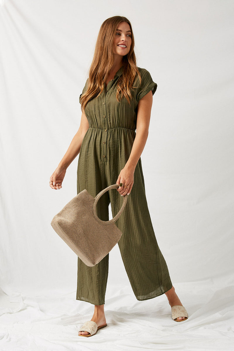 H7105 Army Green Cropped Collared Button-Down Jumpsuit Front