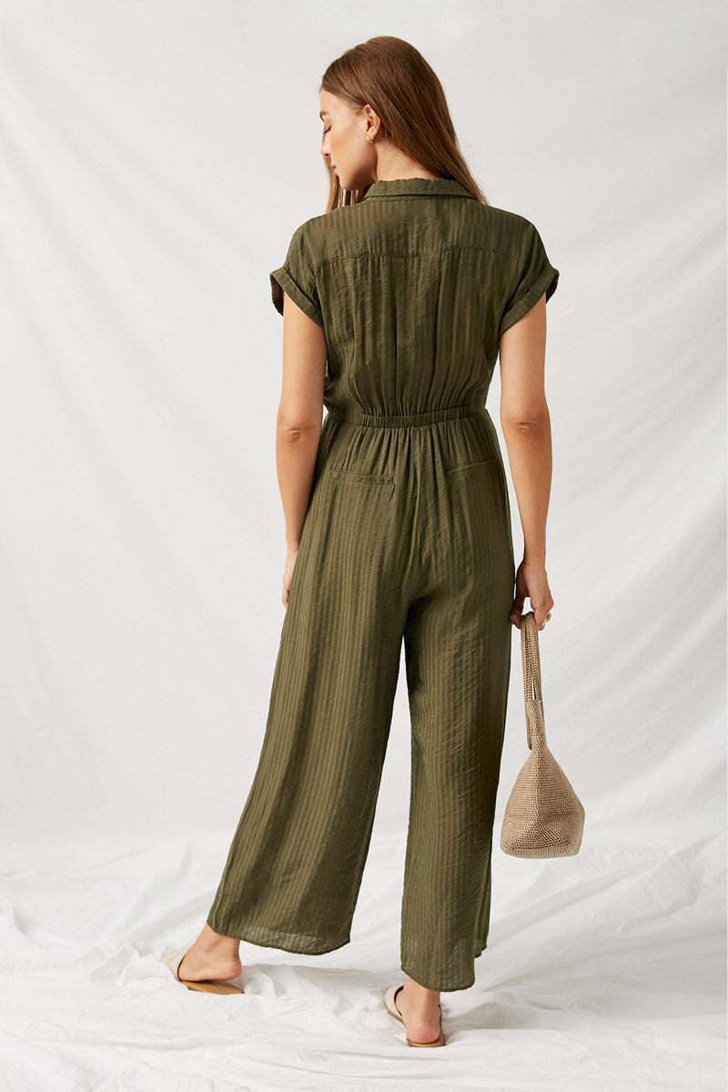 H7105 Army Green Cropped Collared Button-Down Jumpsuit Back