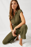 H7105 Army Green Cropped Collared Button-Down Jumpsuit Side