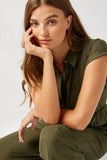 H7105 Army Green Cropped Collared Button-Down Jumpsuit Detail
