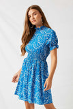 H7179 Blue Floral Smocked Neck Mini Dress Front