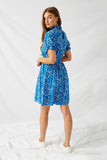H7179 Blue Floral Smocked Neck Mini Dress Back