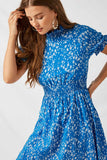 H7179 Blue Floral Smocked Neck Mini Dress Detail