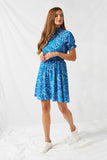 H7179 Blue Floral Smocked Neck Mini Dress Side