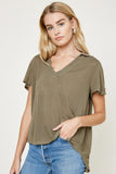 H7274 Olive Collared V-Neck Top Front