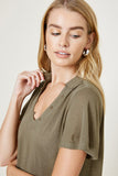 H7274 Olive Collared V-Neck Top Close Up