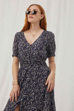H7411 Navy Womens Floral Ruched Waist Maxi Dress Front