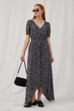 H7411 Navy Womens Floral Ruched Waist Maxi Dress Full Body