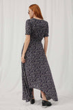 H7411 Navy Womens Floral Ruched Waist Maxi Dress Back