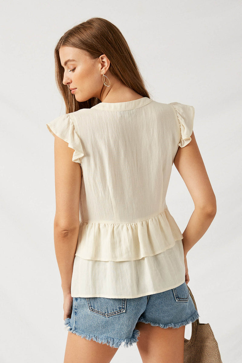H7496 Stone Button-Down Tiered Ruffle Hem Top Back