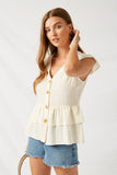 H7496 Stone Button-Down Tiered Ruffle Hem Top Front