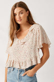 H7680 Cream Mix Ruffle Polka-Dot Crop Top Front