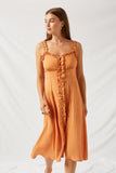 H7701 Tangerine Linen Button-Down Ruffle Strap Midi Dress Front