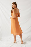 H7701 Tangerine Linen Button-Down Ruffle Strap Midi Dress Back