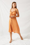 H7701 Tangerine Linen Button-Down Ruffle Strap Midi Dress Side