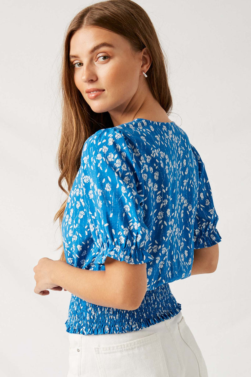 H7749 Blue Mix Floral Button-Down Cropped Smock Top Back