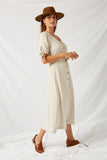 H7750 Oatmeal Linen Button-Down Midi Dress Side