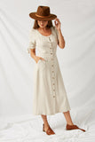 H7750 Oatmeal Linen Button-Down Midi Dress Front