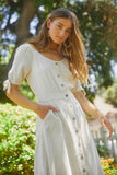 H7750 OATMEAL Womens Linen Button-Down Midi Dress Side