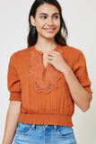 H7939 Pumpkin Lace Smock Waist Top Front