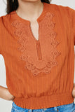 H7939 Pumpkin Lace Smock Waist Top Detail