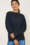 H8048 Navy Womens Ribbed Side-Zip Knit Top Front